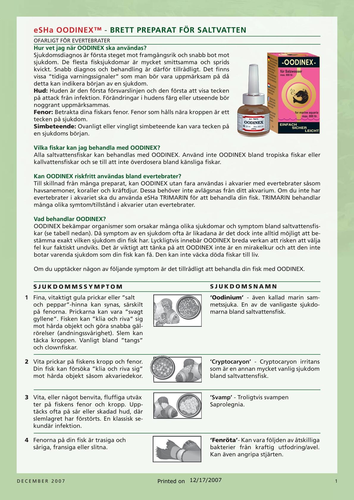 eSHa Oodinex – Medicin mot Oodinium, Cryptocaryon & fenröta 20ml