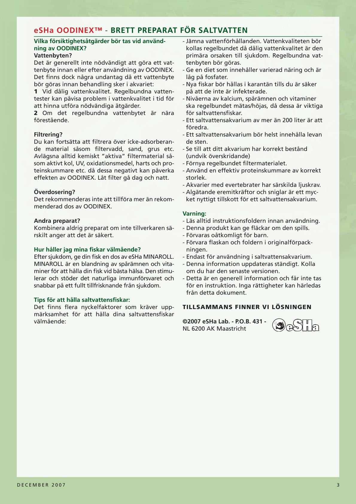 eSHa Oodinex – Medicin mot Oodinium, Cryptocaryon & fenröta 20ml