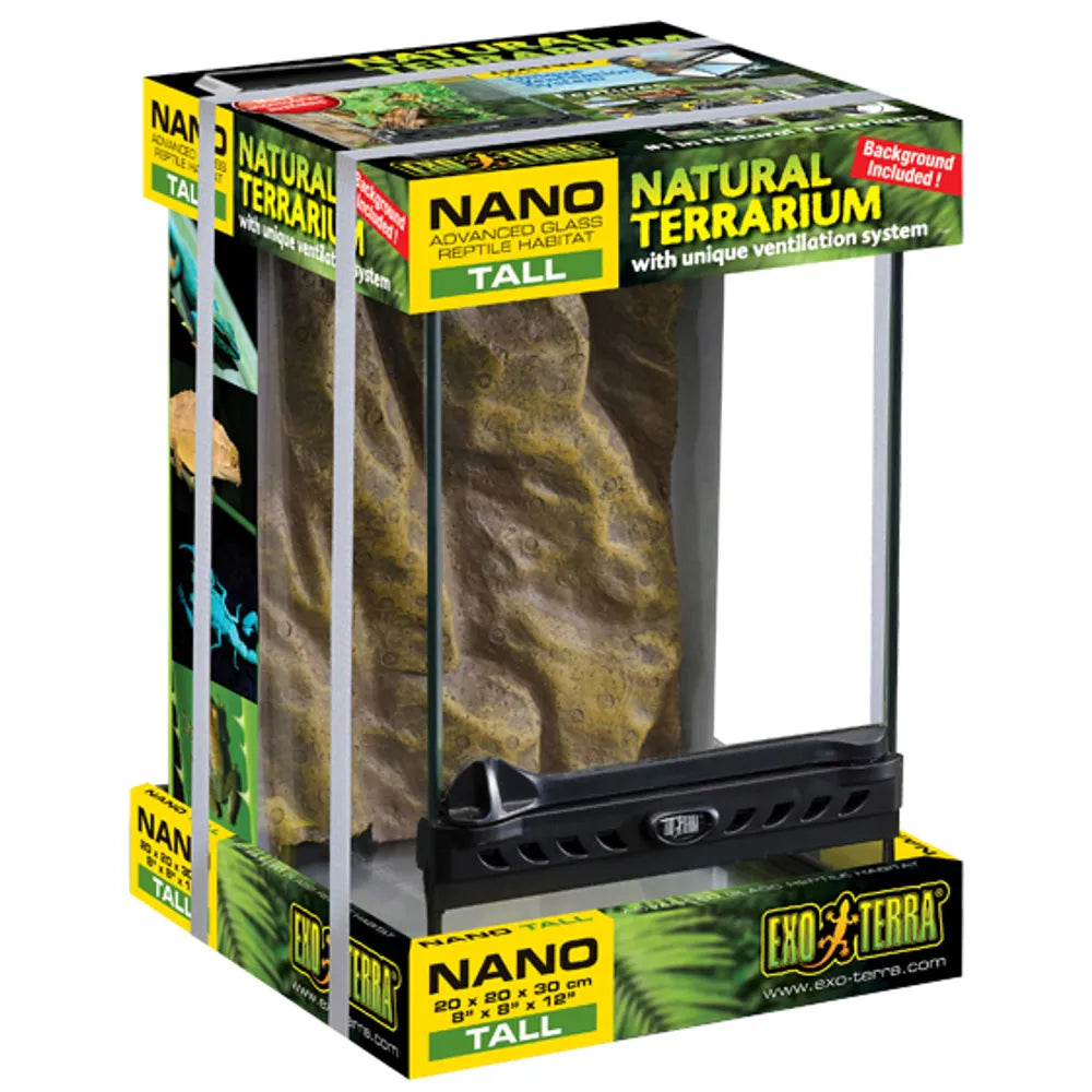 ExoTerra Natural Terrarium Nano Tall 20×20×30cm – Extra högt glas-terrarium med frontventilation, dubbeldörr och vattentät botten